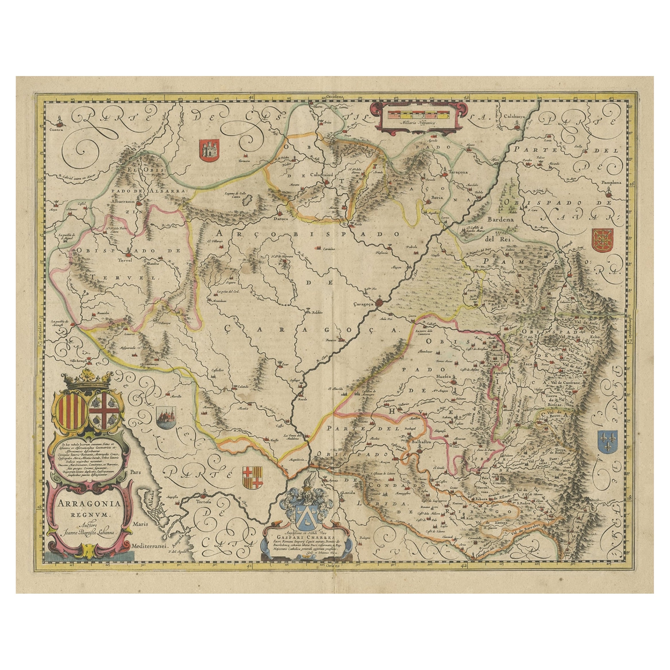 Detailed Antique Map of Northern Spanish Region of Aragon, c.1650 For Sale