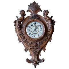 Art Nouveau Wall Clock, Hand Carved, Second Half of 19th Century, Solid Walnut