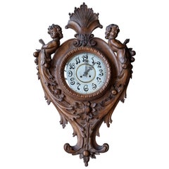 Antique Art Nouveau Wall Clock, Hand Carved, Second Half of 19th Century, Solid Walnut