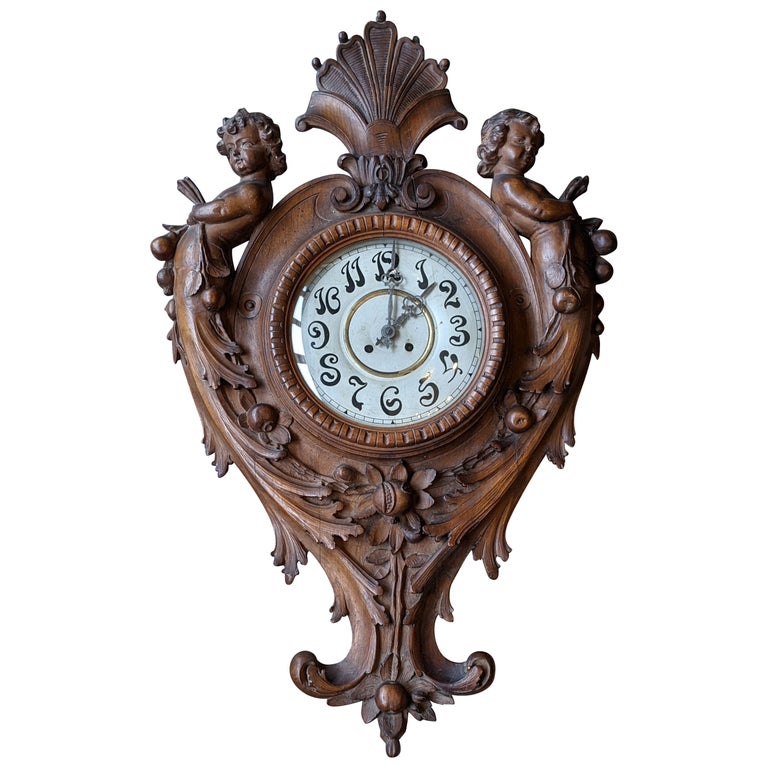 Art Nouveau Wall Clock, Hand Carved, Second Half of 19th Century, Solid