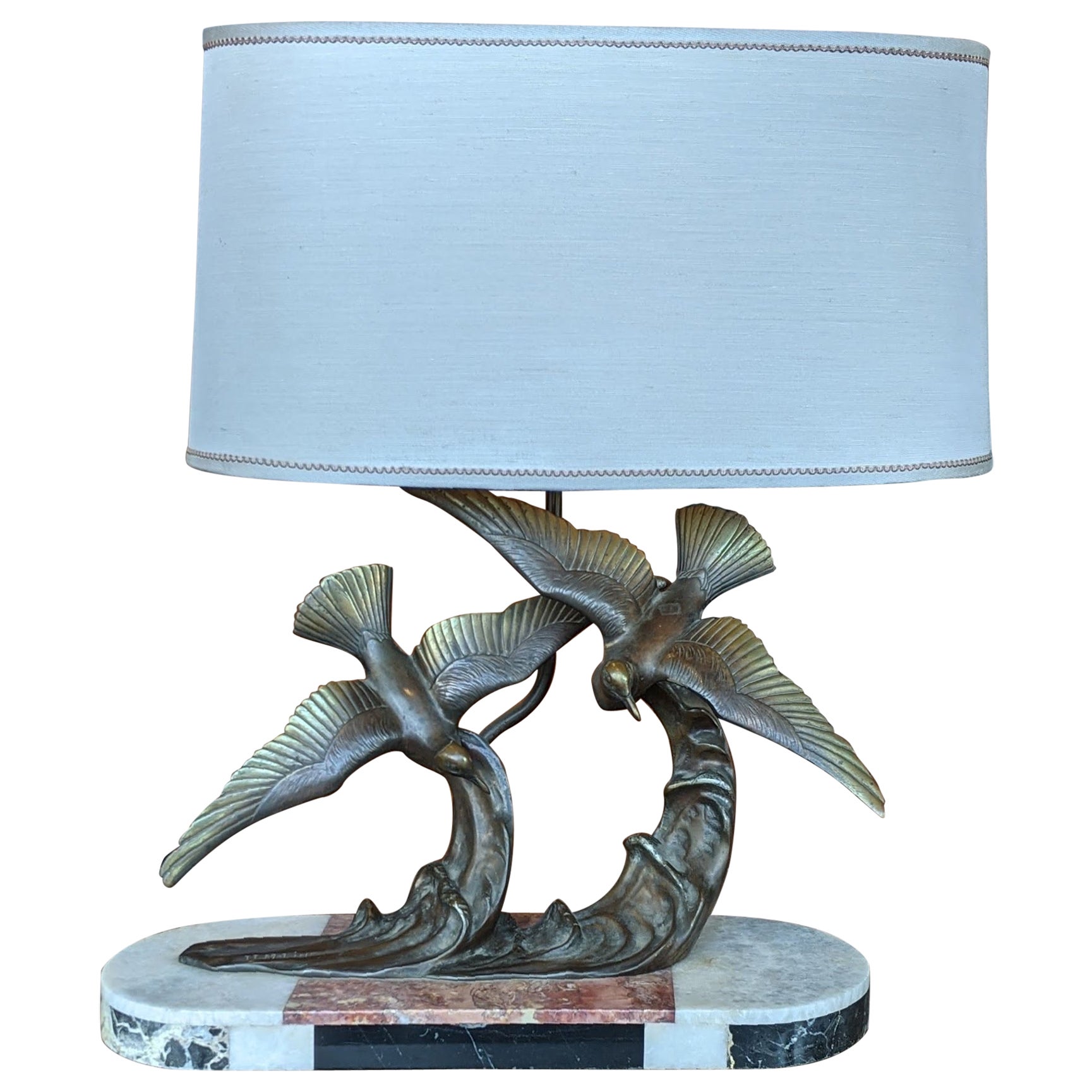 Art Deco Lamp with Sculpted Seagulls, H. Molins, Bronze and Marble For Sale