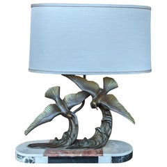 Lampe Art Déco avec mouettes sculptées, H. Molins, Bronze et Marbre
