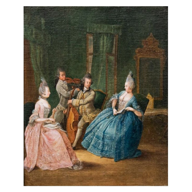 Daniel Nikolaus Chodowiecki (Danzig, 1726 - Berlin, 1801) 
Scène d'intérieur avec concert

Huile sur toile, 42 X 34 cm
Avec cadre 57 x 49 x 6 cm

Déjà attribué à Pietro Longhi, le tableau remonte au catalogue de Daniel Niklaus Chodowiecki, un