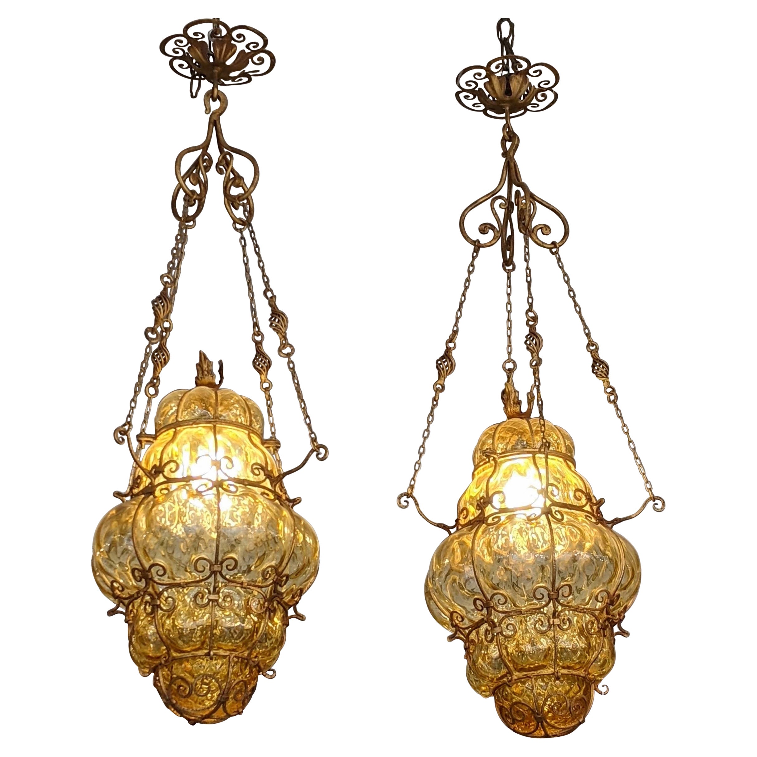 Pair of Blown Murano Glass and Wrought Iron Lamps, Early 20th Century For Sale