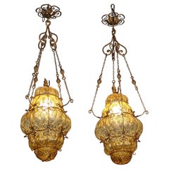 Pair of Blown Murano Glass and Wrought Iron Lamps, Early 20th Century