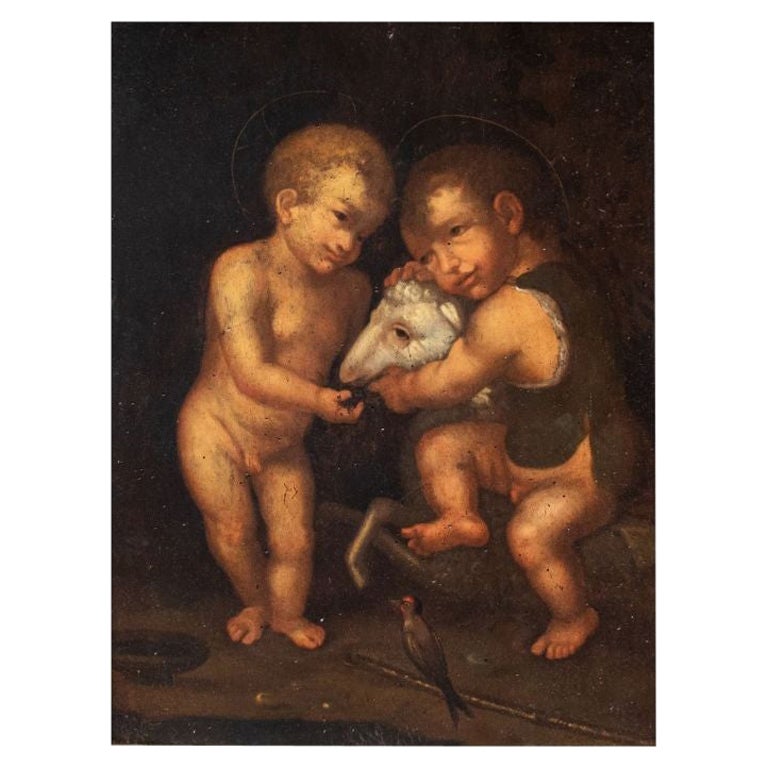 16th Century Infant Jesus with Saint John the Baptist Painting Oil on Panel