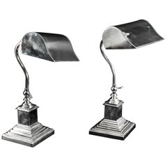 Antique Pair of Silver Plate Bankers Lamps Desk Lamps 1920s