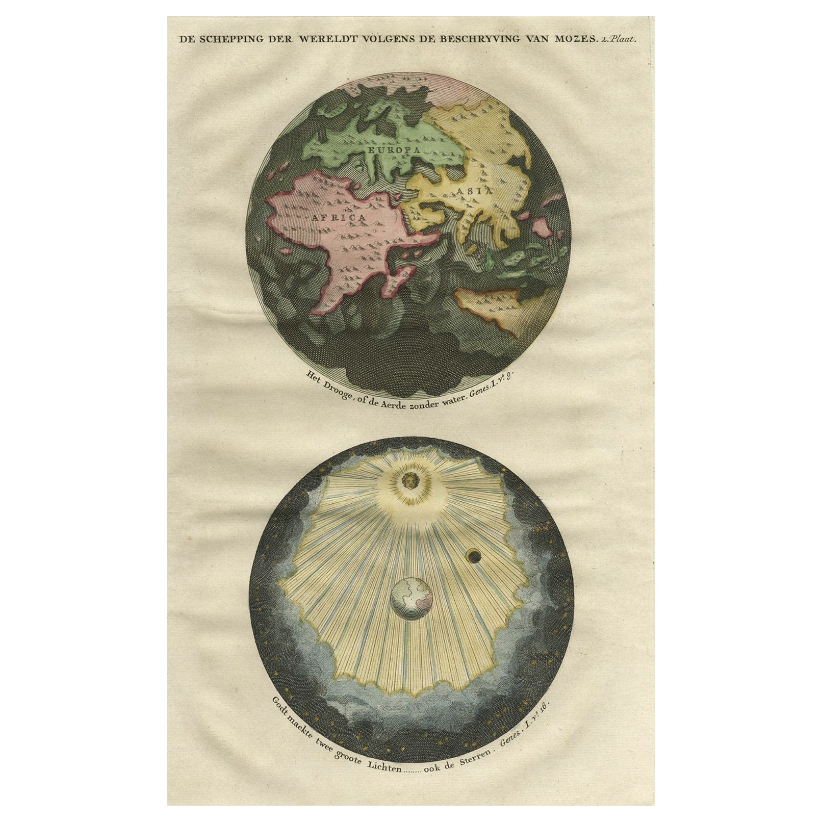Beautiful Original Print of The Creation of the World According to Moses, 1725 For Sale