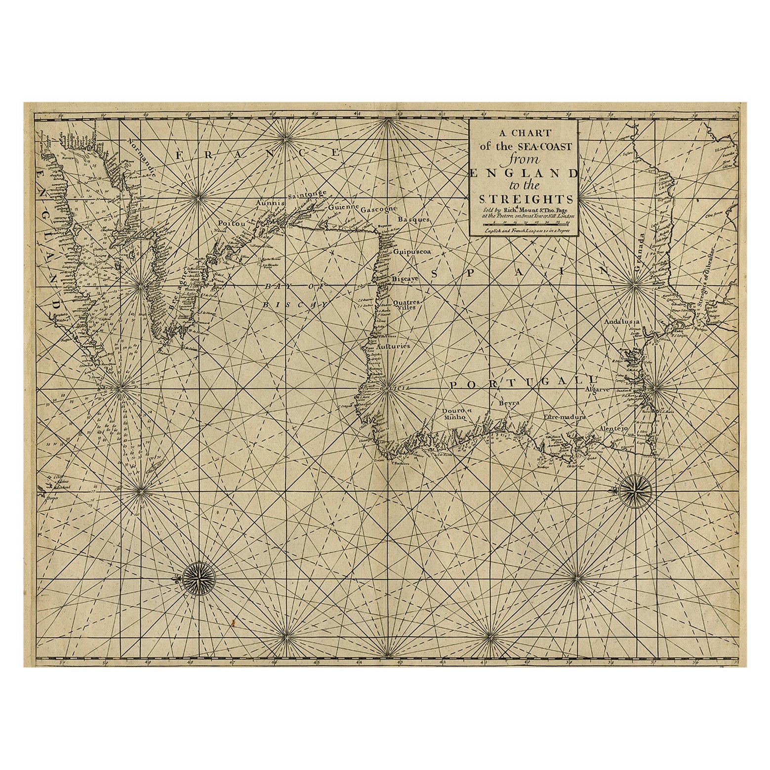 Original Antique Sea Chart of the Coastline from England to Gibraltar, ca.1700 For Sale