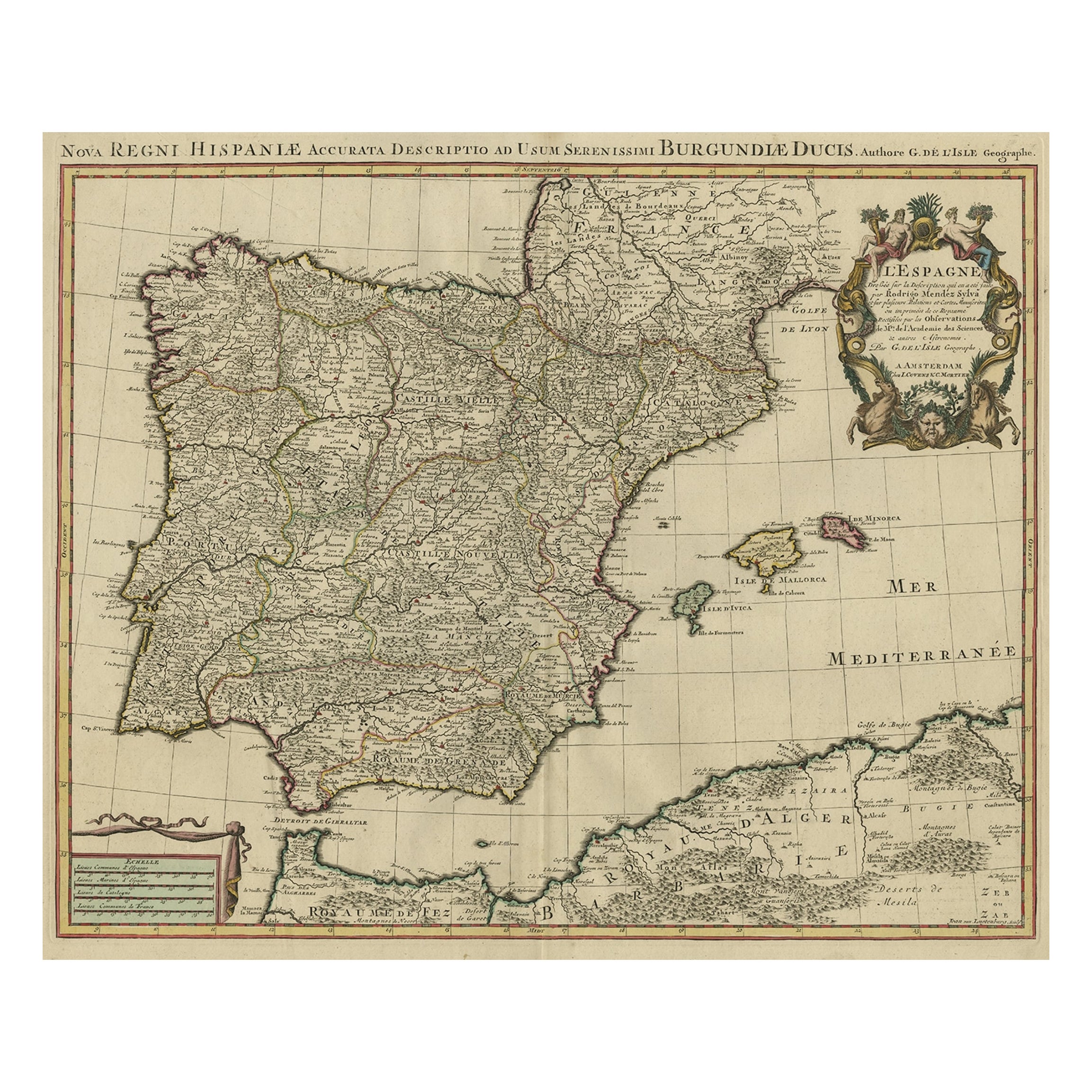 Beautiful Old Map of Spain and Portugal With Decorative Title Cartouche, ca.1740