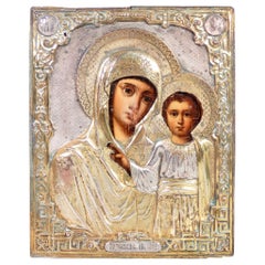 Ancient Russian Icon with Metal Riza, Madonna with Child, Russia, 19th Century