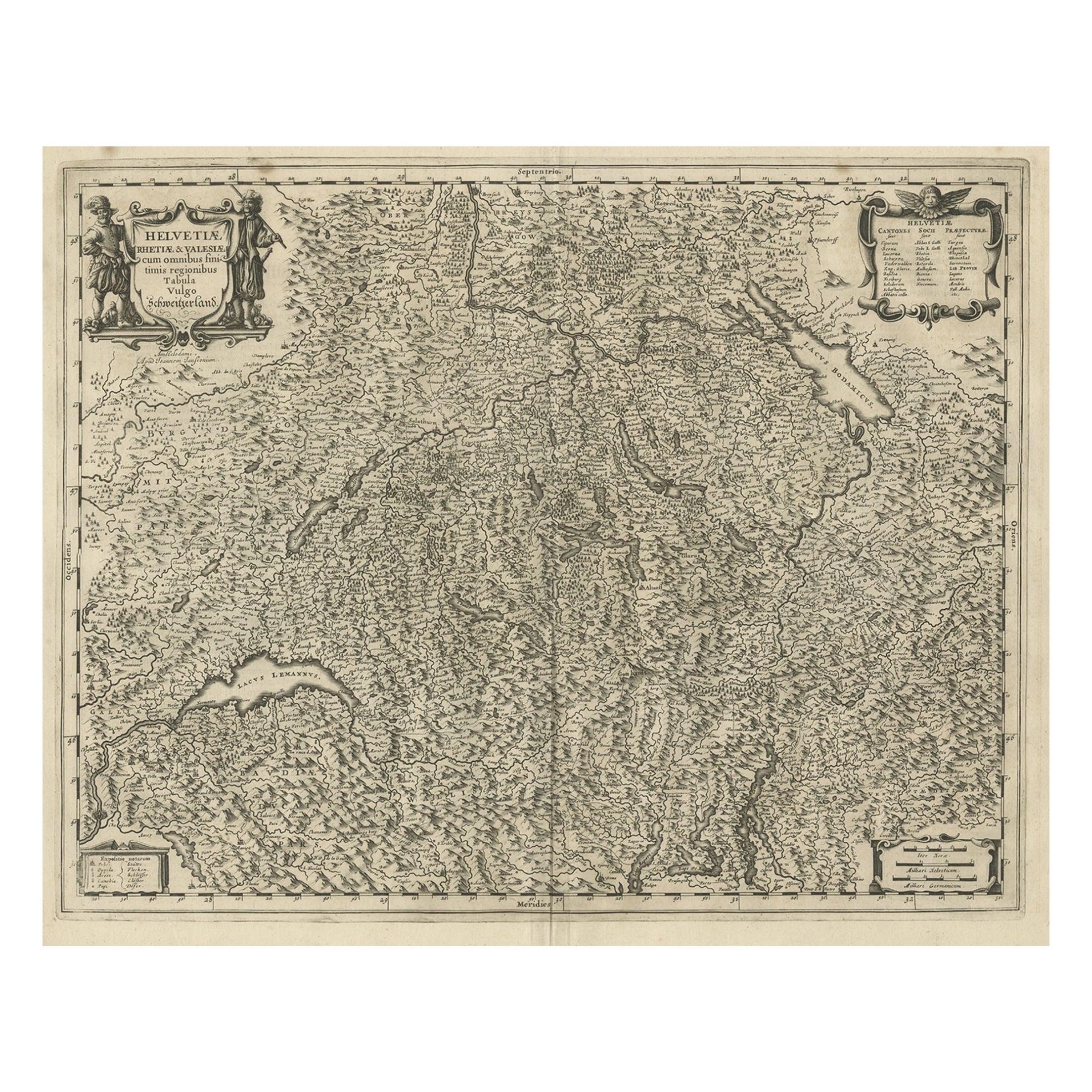 Dekorative und detaillierte Original-Antiquitätenkarte der Schweiz, 1657 im Angebot