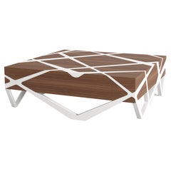 Square Accent Center Coffee Table in Walnut Wood and White Lacquered Wood