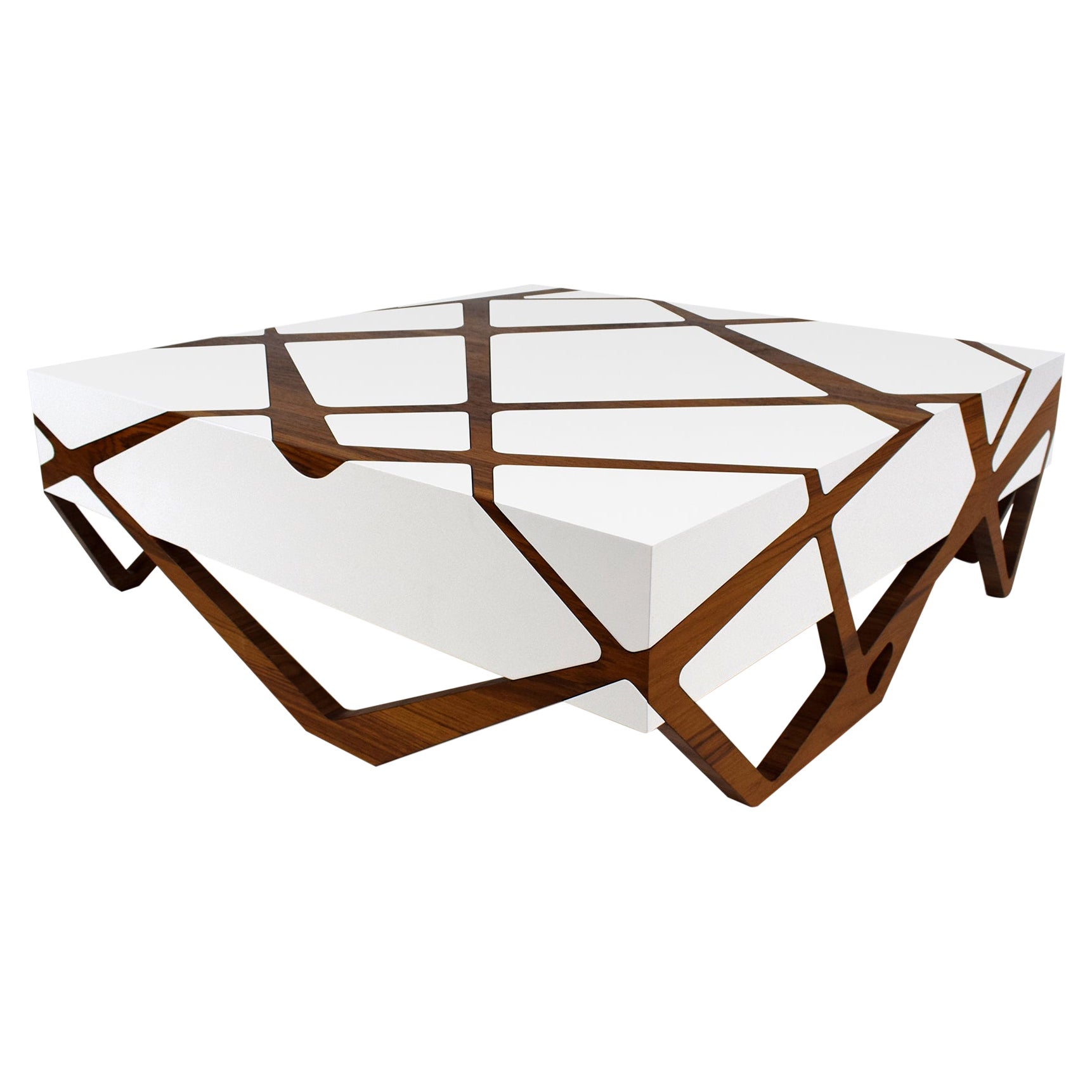 One-Off Square Accent Center Coffee Table in Oak Wood and White Lacquered Wood For Sale