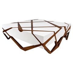 One-Off Square Accent Center Coffee Table in Oak Wood and White Lacquered Wood