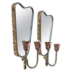 Pair of Mid-Century Italian Mirrors with Lights Gold Brass Gio Ponti Style