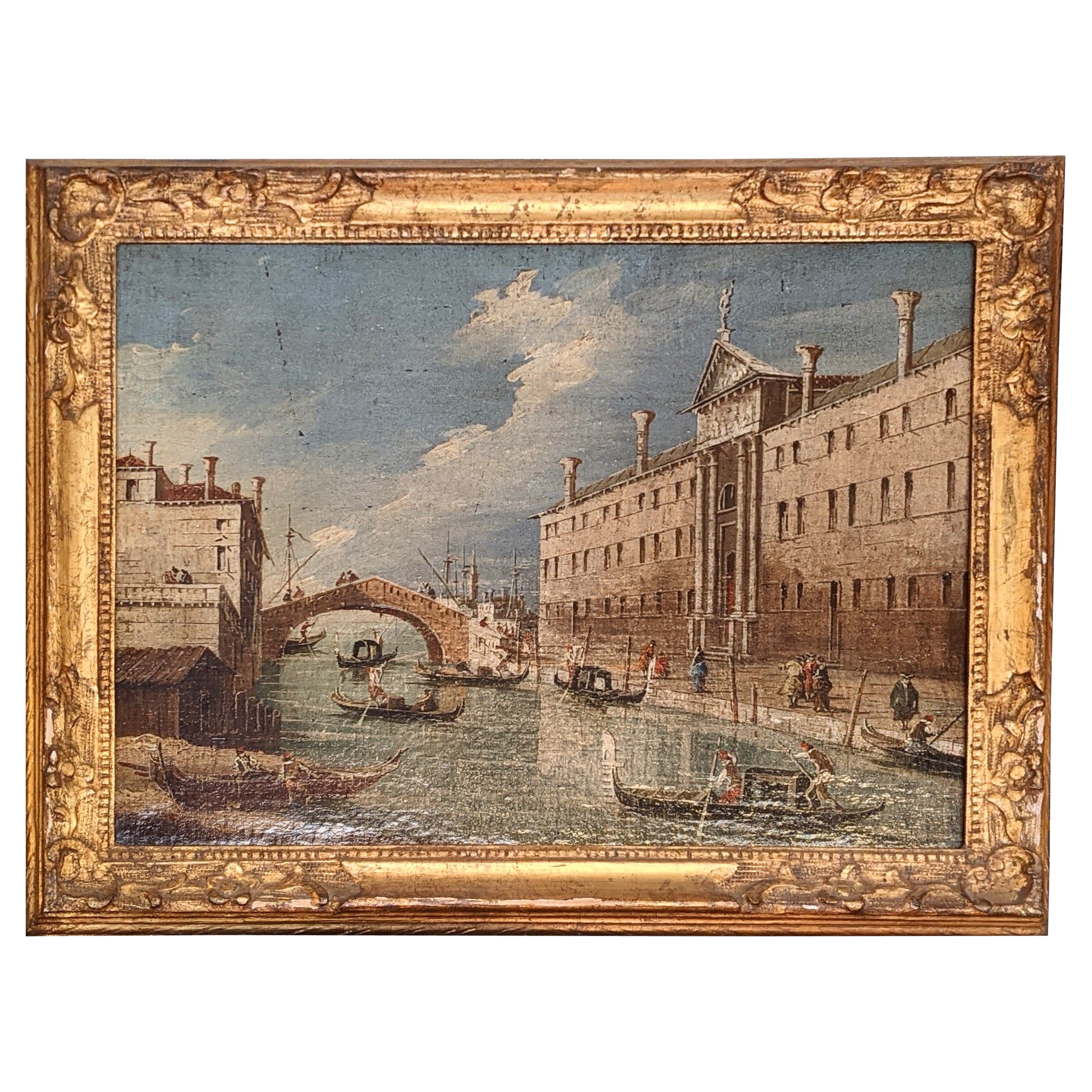 Oil Painting on Canvas with Gilded Frame, Venice, Early 1900s For Sale