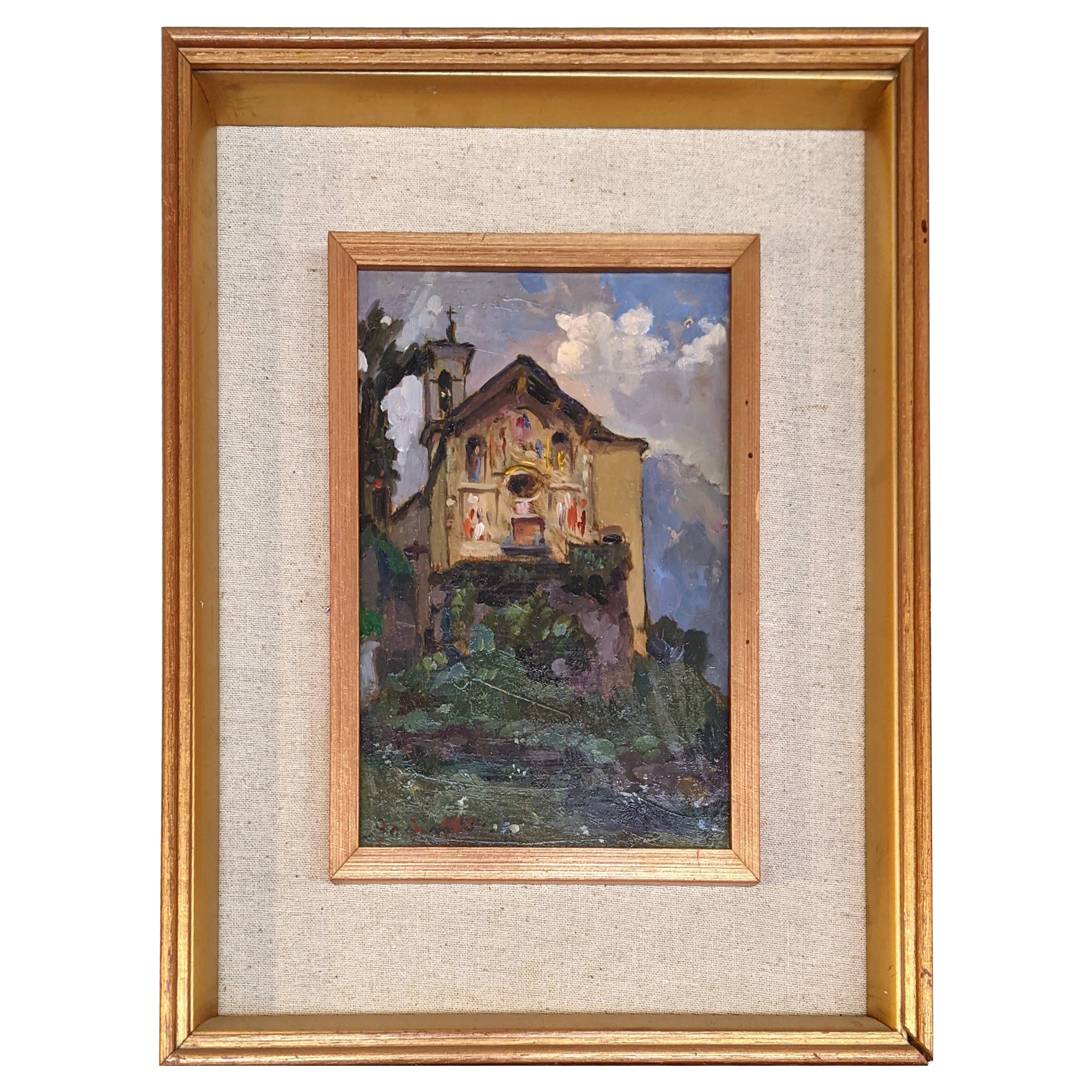 Mountain Landscape with Church, Oil on Canvas and Gilded Frame, Early 1900s For Sale