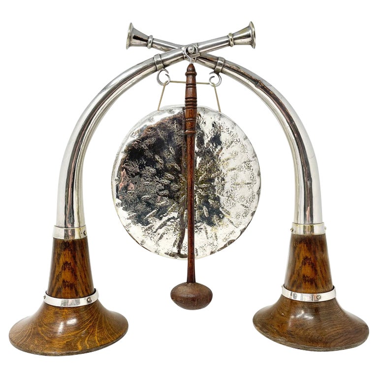 Antique 19th Century English Silvered Bronze & Oak "Hunting Horn" Gong, Ca. 1890 For Sale