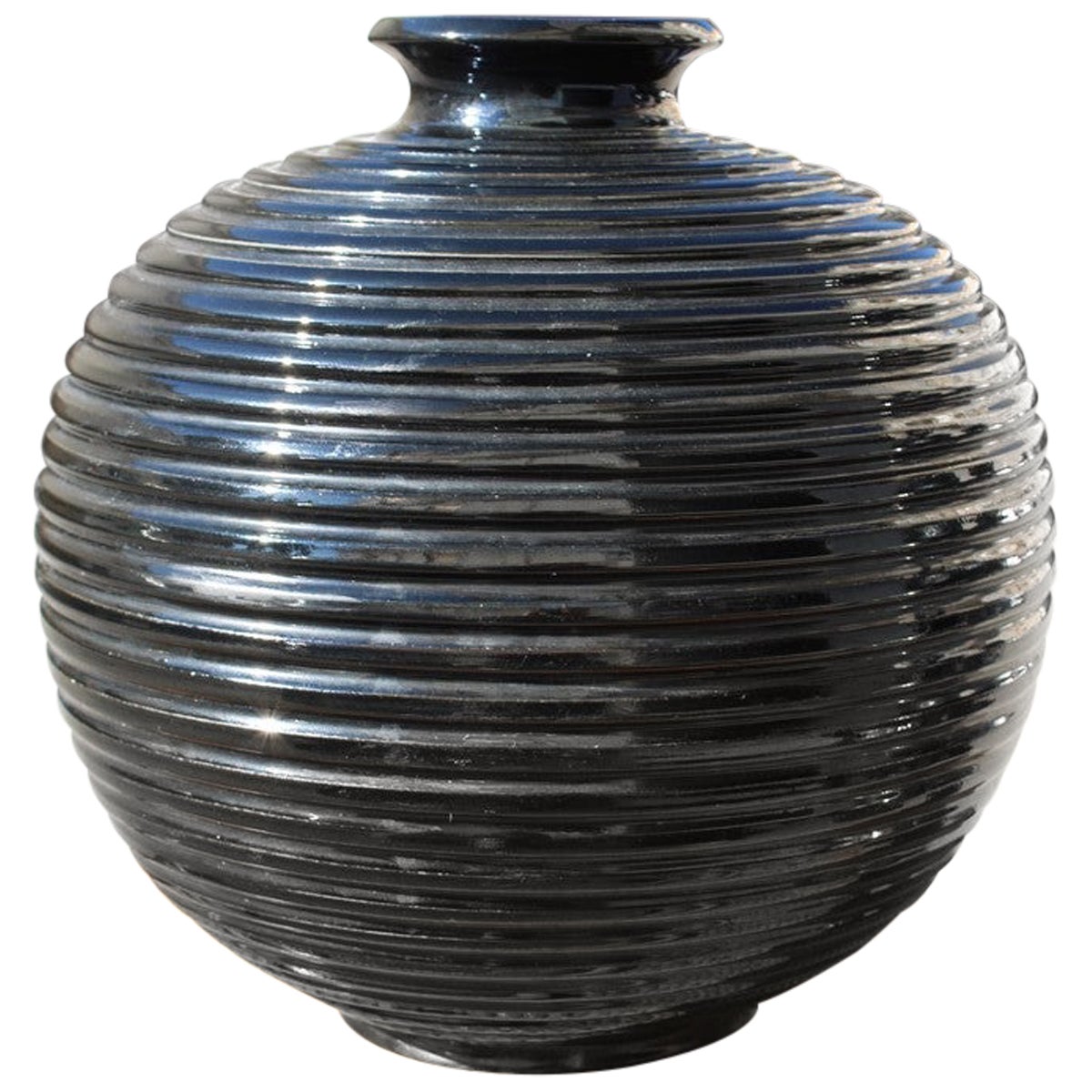 Schwarze schwarze Vase im Art-déco-Stil, rund, italienisches Design, 1930