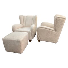 Vintage Pair of Italian Boucle Winged Armchairs with Footstool