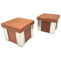 Elegant Pair of Leather and Stainless Steel Stools Attributed to Romeo Rega 11