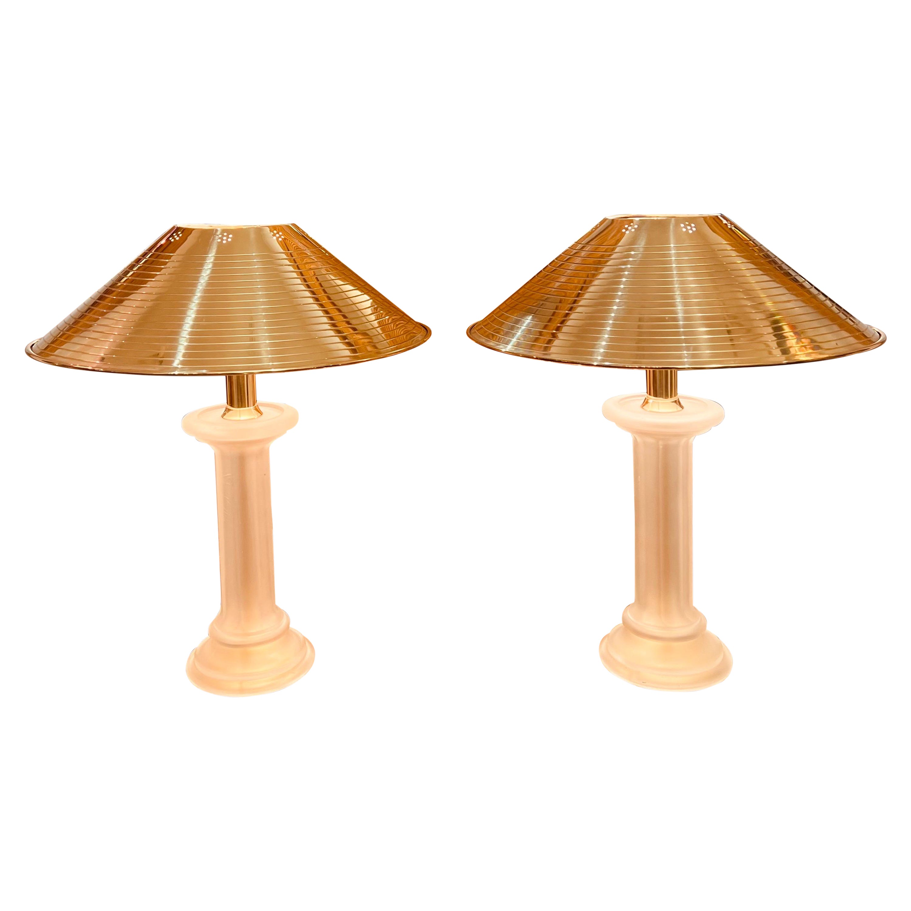 Large Pair Murano Glass & Brass Table Lamps