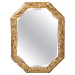 Mid Century Octagonal Tesselated Stone & Brass Mirror Signed by Maitland Smith