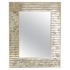 Modernist Rectilinear Burnished Antique White Gilt Mirror with Nickeled Frame