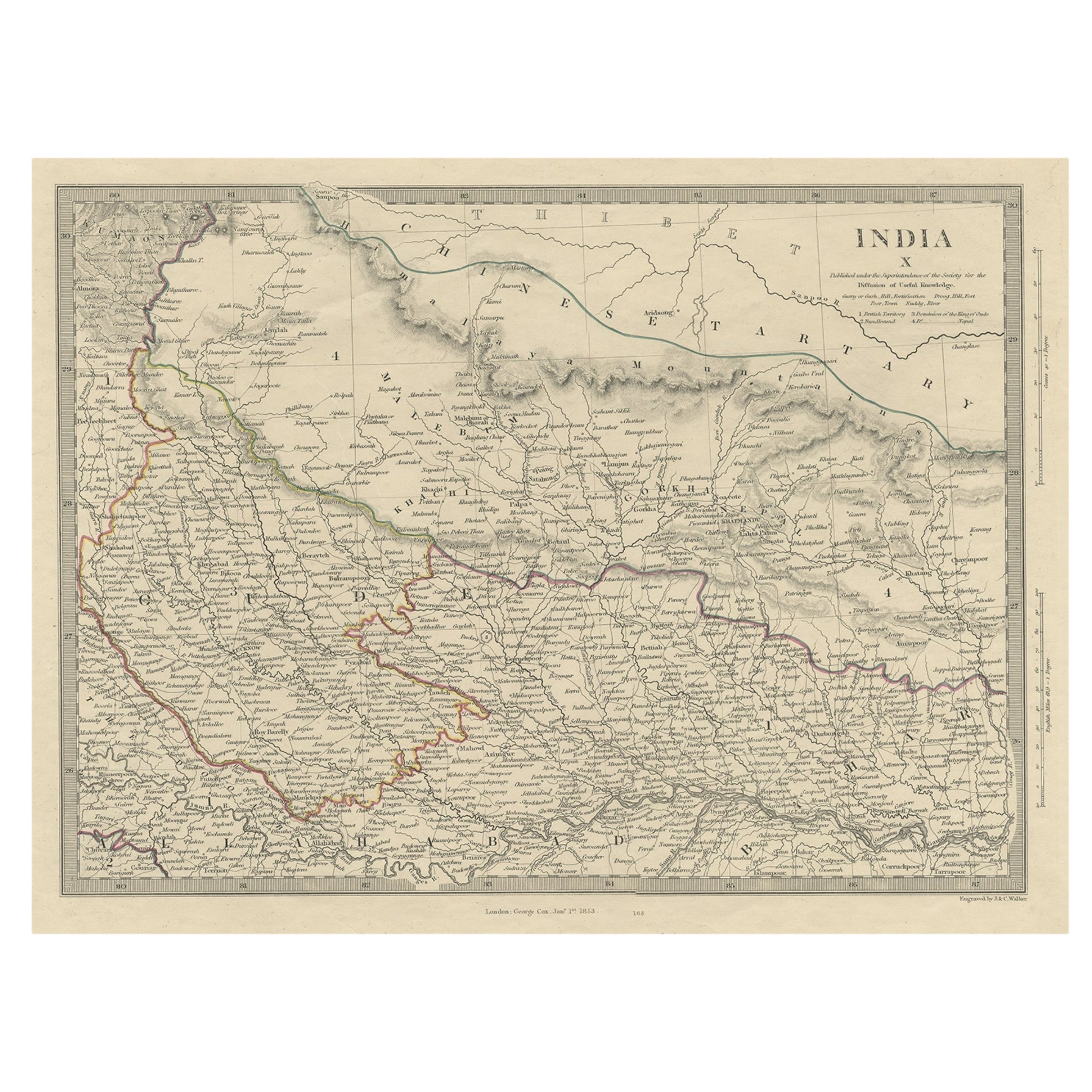 Original Old Map Northeast India, incl Part of Himalayas and China, 1853 For Sale