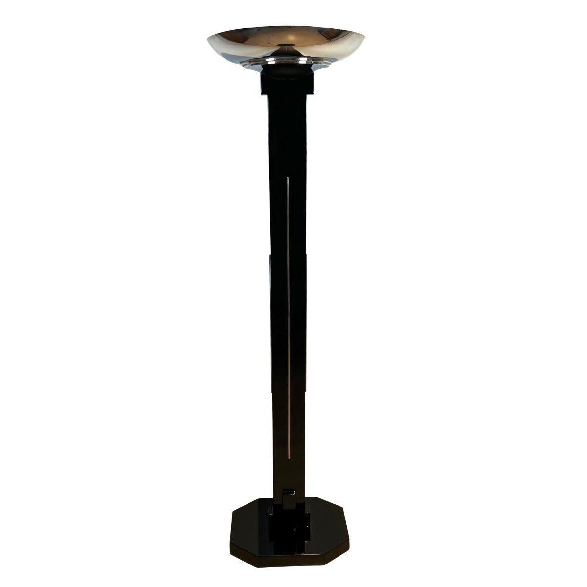 Art Deco Floor Lamp, Black Lacquer and Chrome, France circa 1930 For Sale