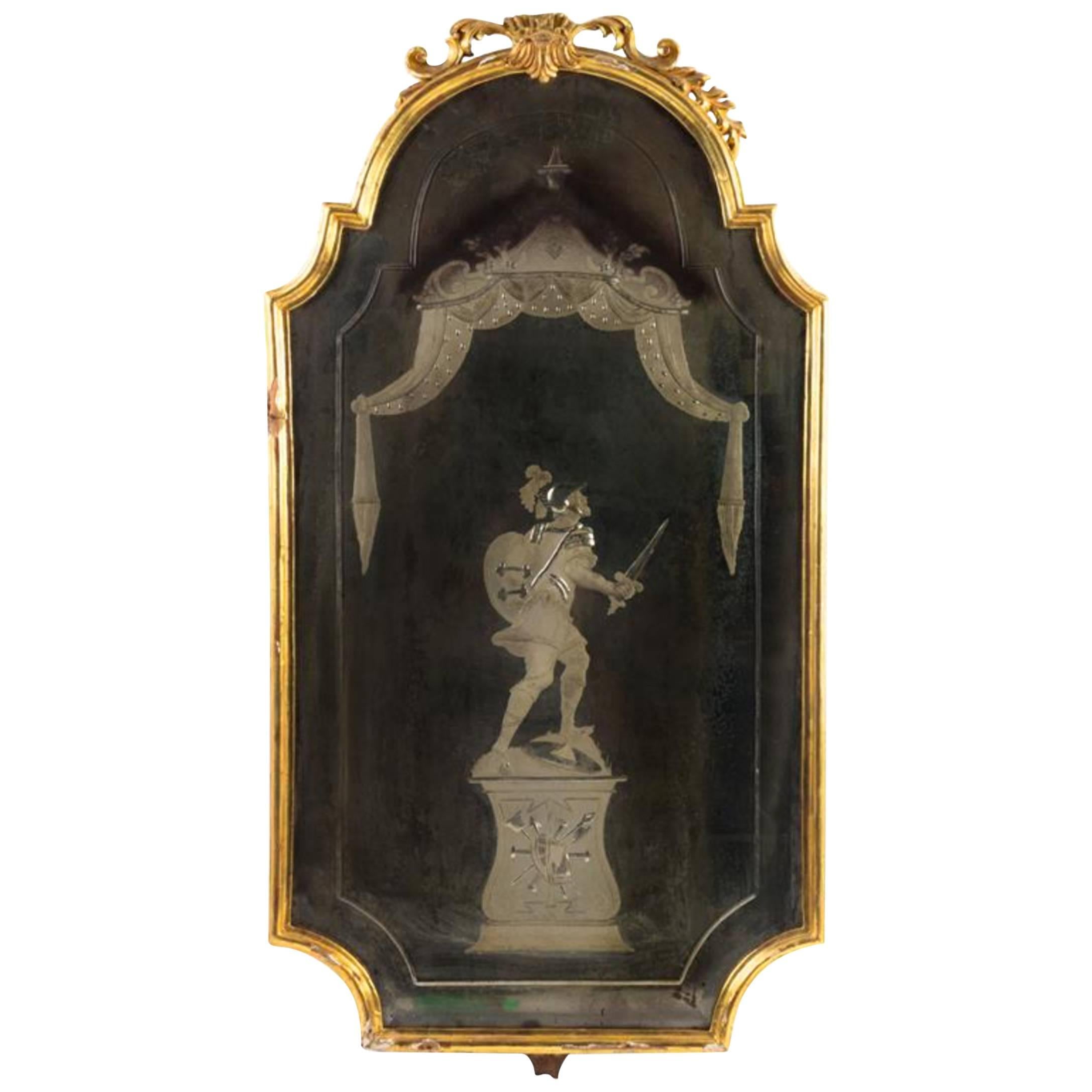 Specchio italiano della fine del XVIII secolo con incisione al contrario, con una bella patina antica
