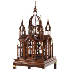 Vintage Monumental English Mahogany Bird Cage on Stand, Brass Banding And Finials.