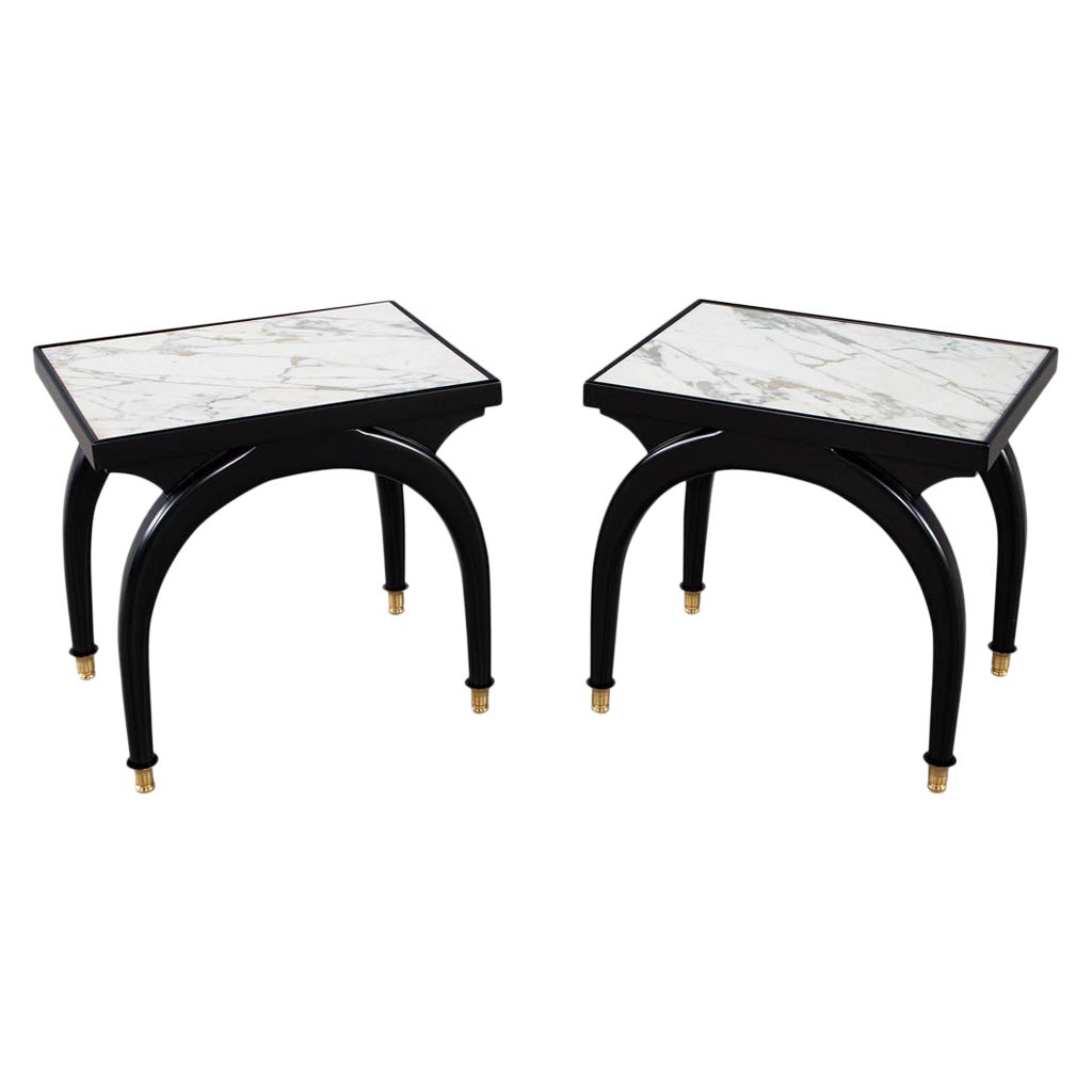Pair of Modern Marble Top Black and White End Tables with Curved Legs