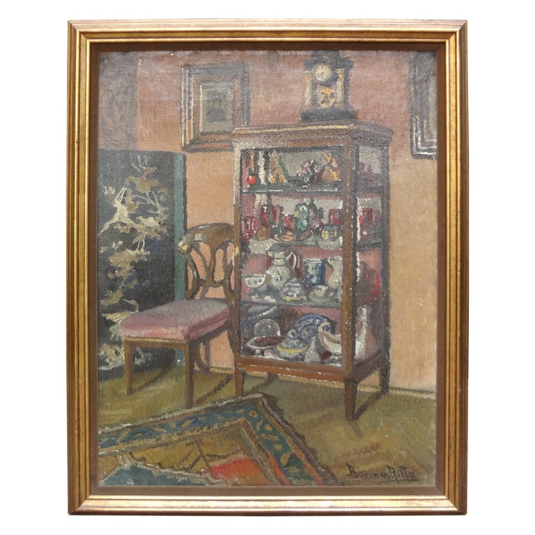 19th Century Continental Interior Scene Oil on Canvas Painting For Sale