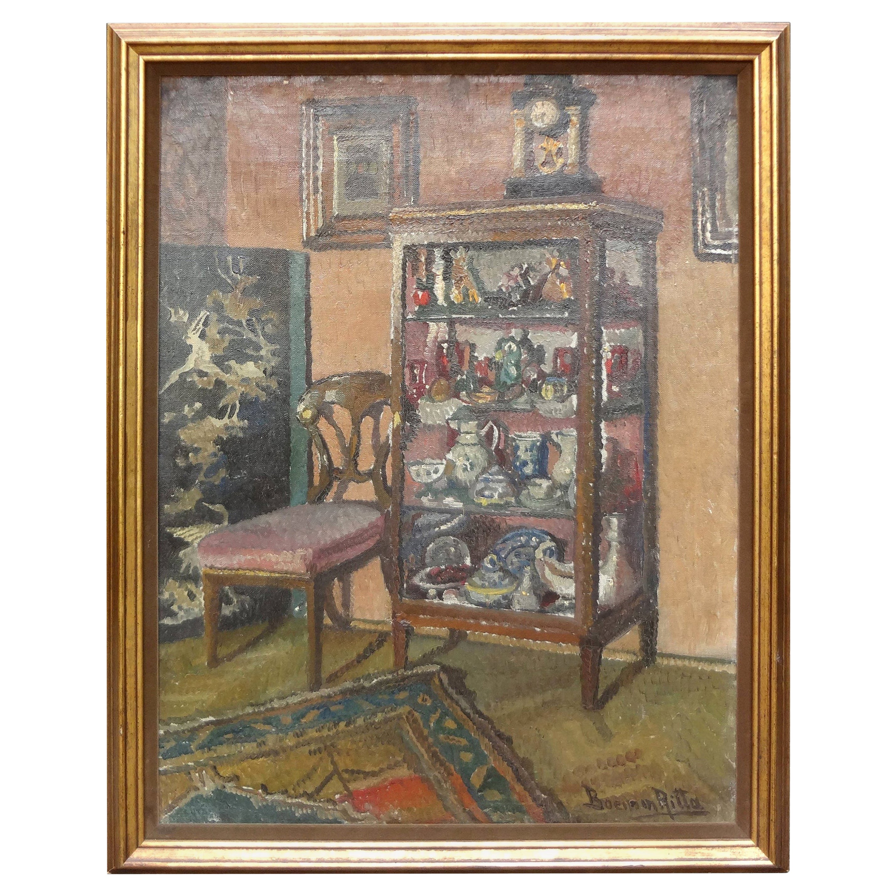 19th Century Continental Interior Scene Oil on Canvas Painting by Ritta Boemm