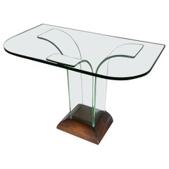 Postmodern Art Deco Flared Glass and Wood Console Table, circa Late 1970s