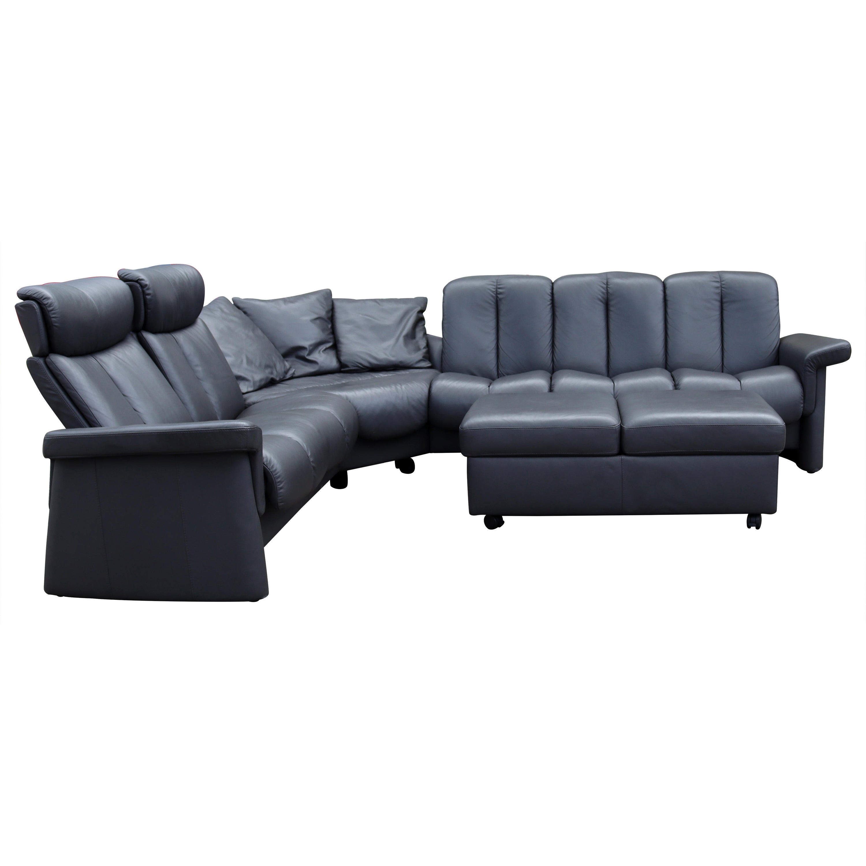 Contemporary Modernist Ekornes L Shaped Leather Sectional Sofa Norway w Ottoman