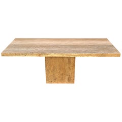 70's Italian Walnut Travertine Highly Polished Marble Dining Table