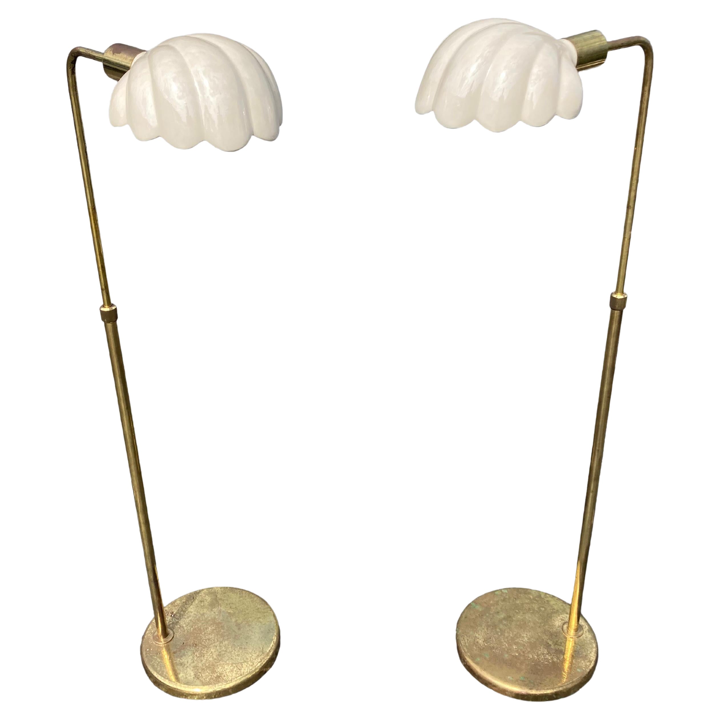 Pair of Italian Brass Ceramic Scallop Shell Shade Reading Floor Lamps, 1970s