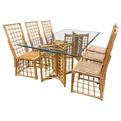 Chic French Rattan and Glass Vintage Dining Set with 6 Chairs
