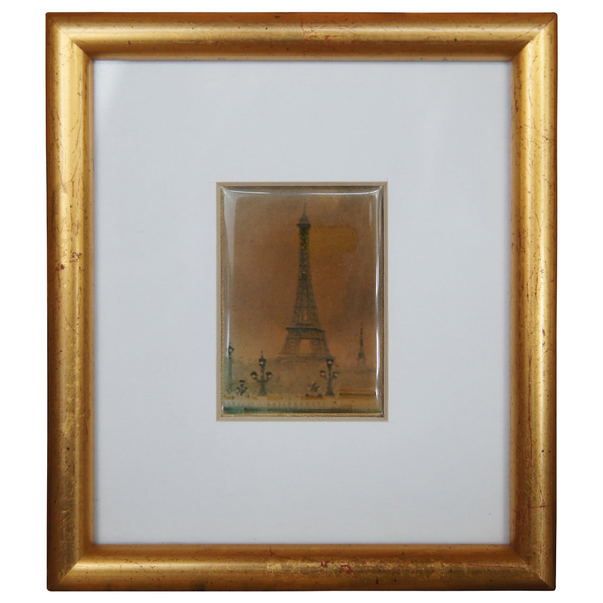 1986 French Artisan Enameled Ceramic Eiffel Tower Tile Paris Gilt Frame