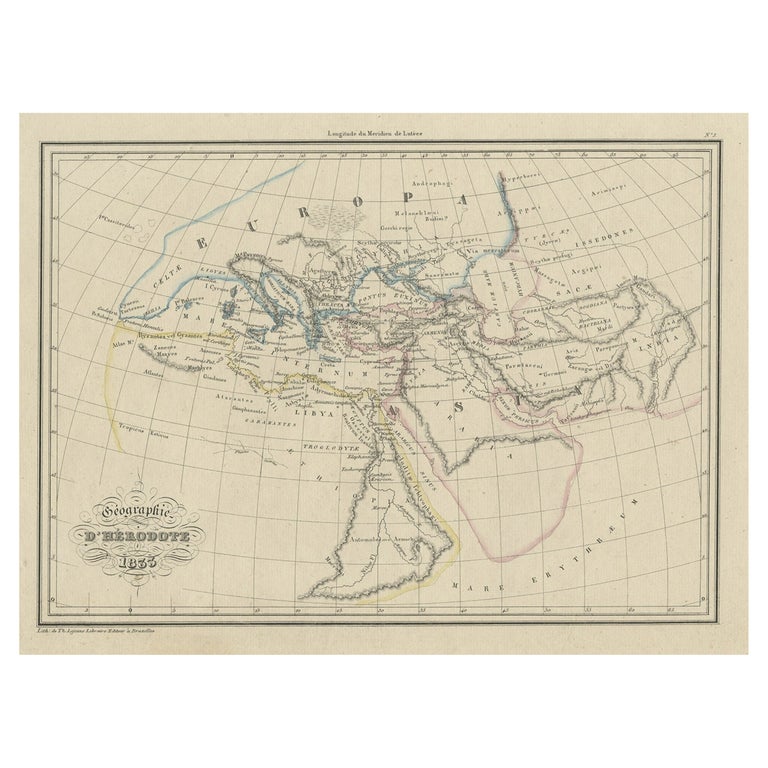 Antique Map of Ancient Greece according to Herodotus, a Greek Historian, 1837 For Sale