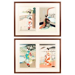 Antique Set of Four 20th Century Framed Japanese Wood Block Prints, C.1940