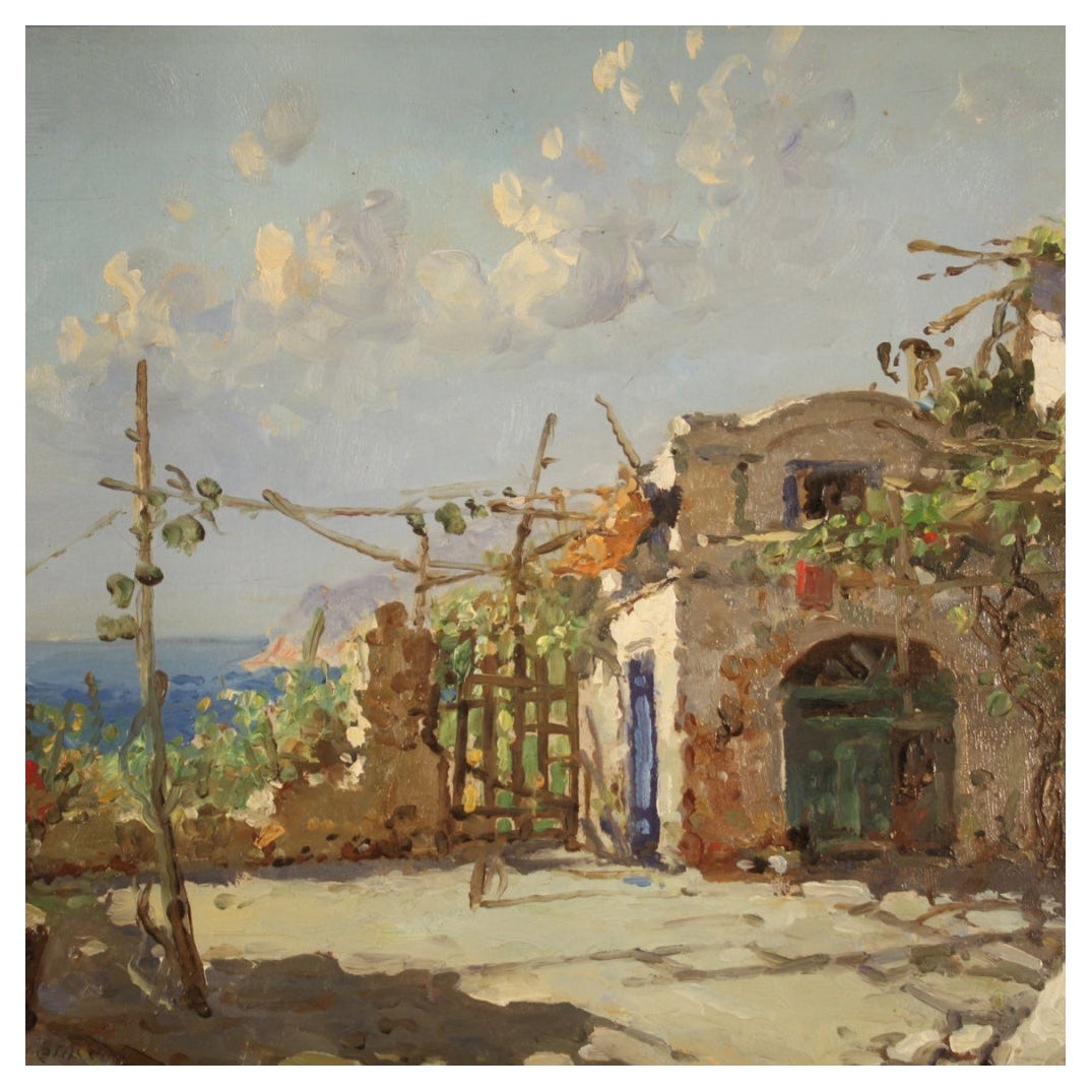 Italian painting from the first half of the 20th century. Work oil on board depicting a seascape (Sicily?) Entitled Pergola on the sea of excellent pictorial quality. Small framework pleasantly adorned with wood and plaster frame richly carved and