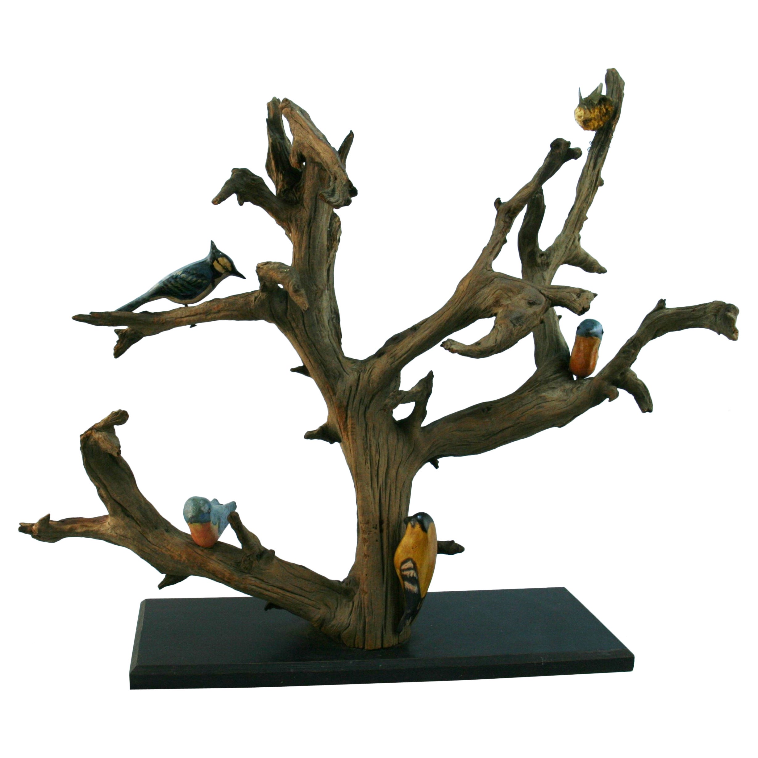 Folk Art Painted and Carved    Eastern Birds Sculpture on Driftwood 1920's