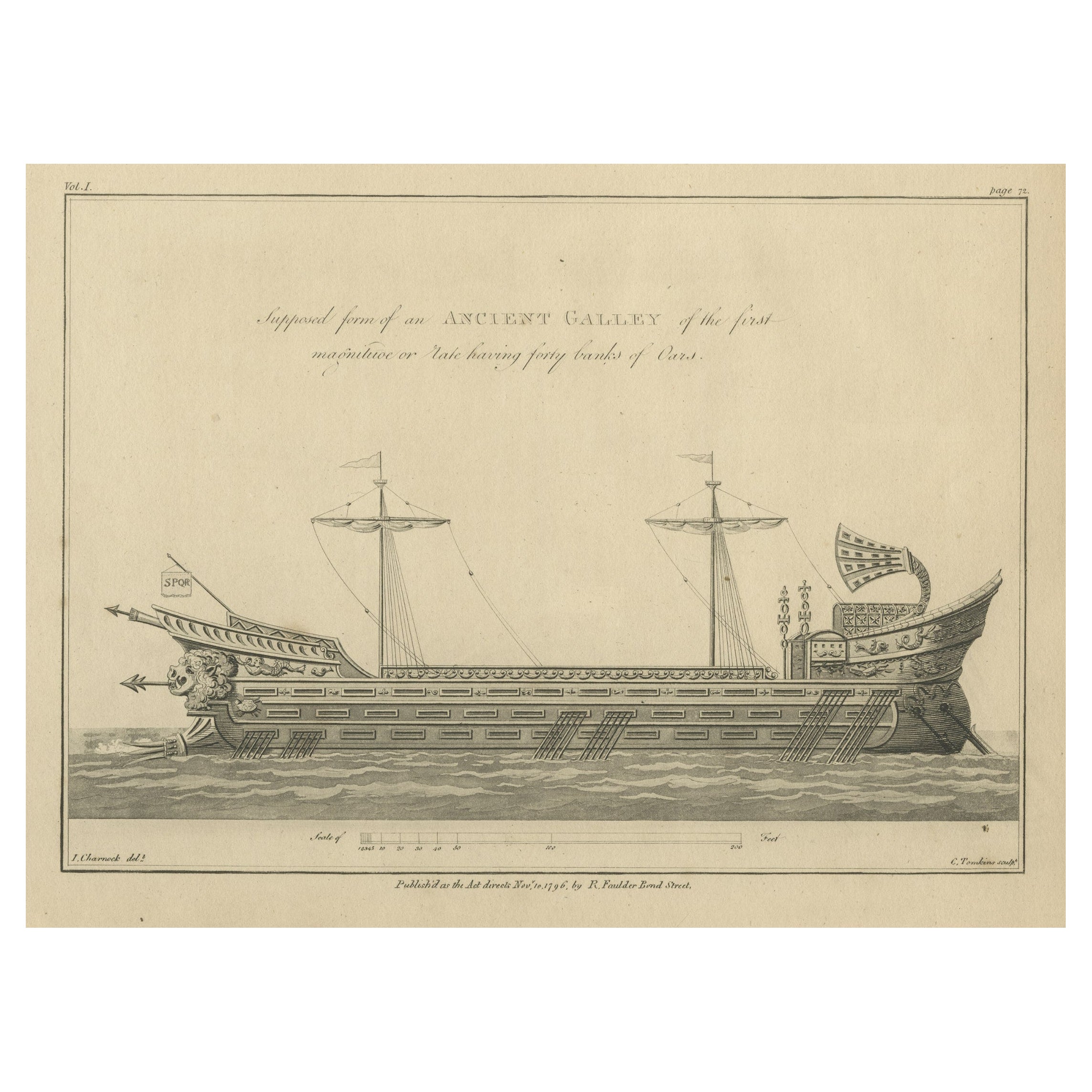 Original Antique Print of an Ancient Galley, 1802 For Sale