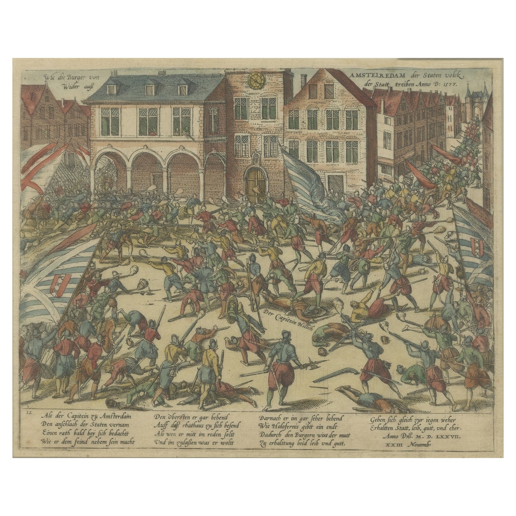 Old Print of Troops of William of Orange Battling with Amsterdam Citizens, c1580 For Sale