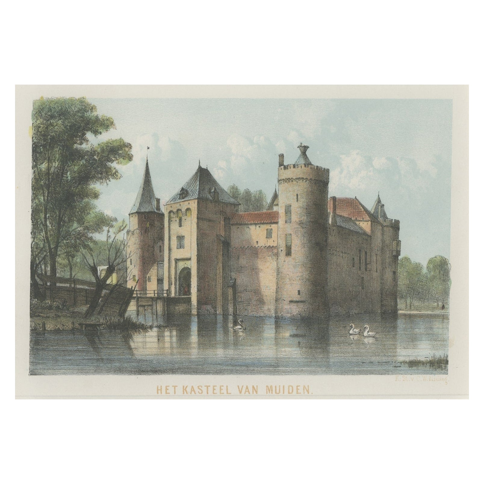 Antike handkolorierte Ansicht des Schlosses Muiden in den Niederlanden, ca.95
