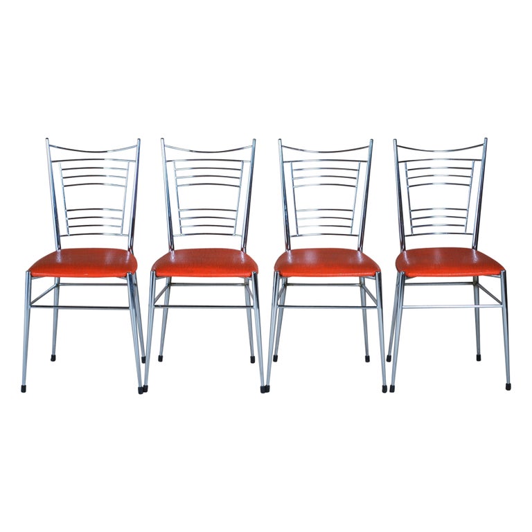Set of 4 Mid Century Chrome and Vinyl Dining Chairs with Original Red Upholstery at 1stDibs